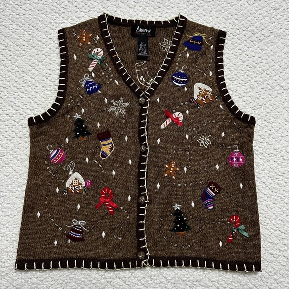 Vintage Ambra Ho Ho Ho Christmas Vest Brown Women’s Size Small - Picture 2 of 8